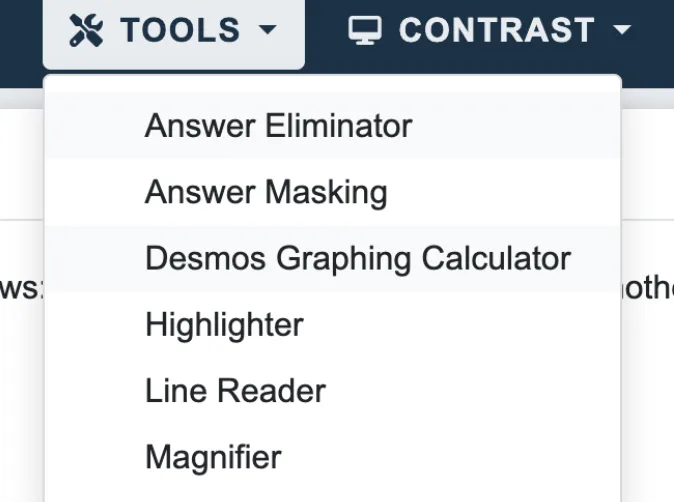 Digital ACT: Tools menu open with Desmos Graphing Calculator option visible.