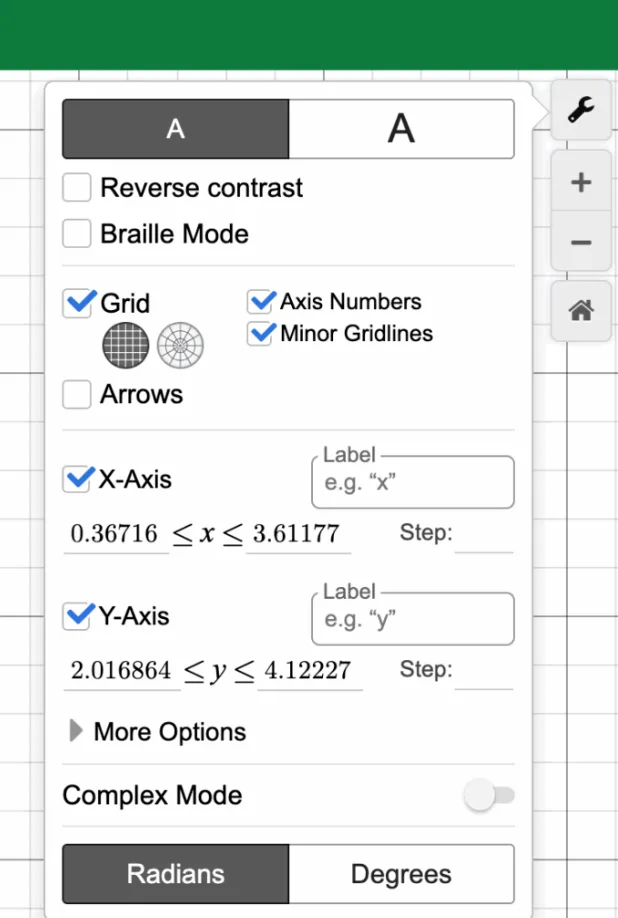 Desmos Graph Settings panel: grid options, axes, complex mode, radians and degrees toggle.