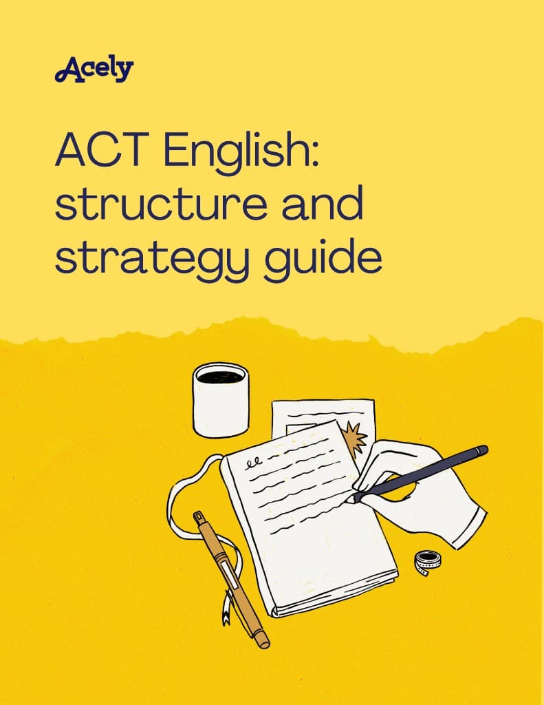 ACT English guide illustration: writing at a desk with notebook and coffee — Acely