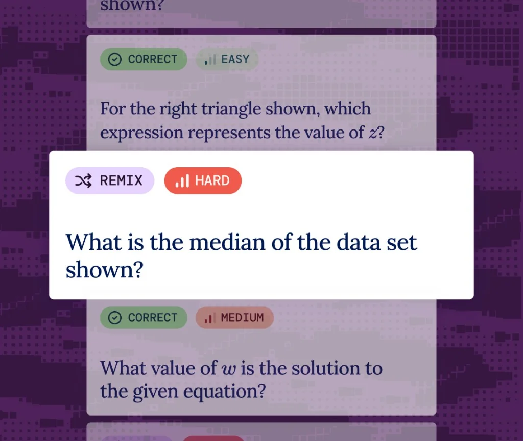 Stack of ACT practice question cards with Remix badge, difficulty levels, and sample problems