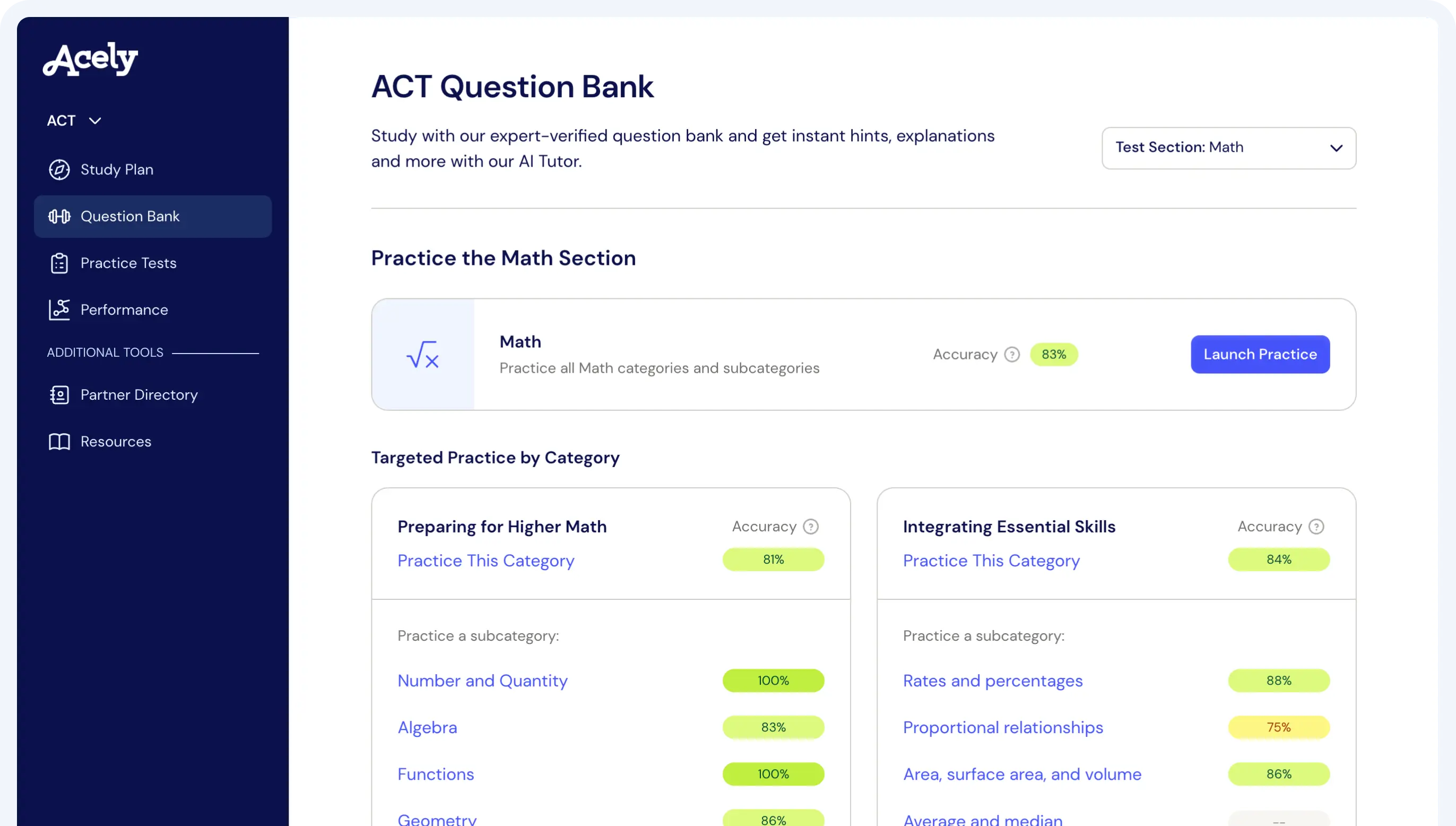 Acely digital ACT prep dashboard with personalized study plan and practice by section