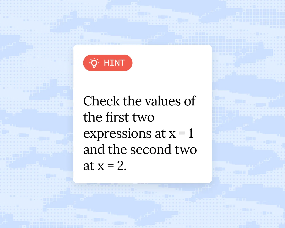 AP-style hint card with a Hint badge and guidance to check expression values at specific x values for a math problem