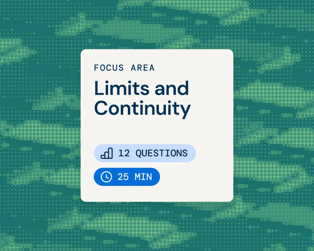 Focus area card for Limits and Continuity with question count and study time on Acely