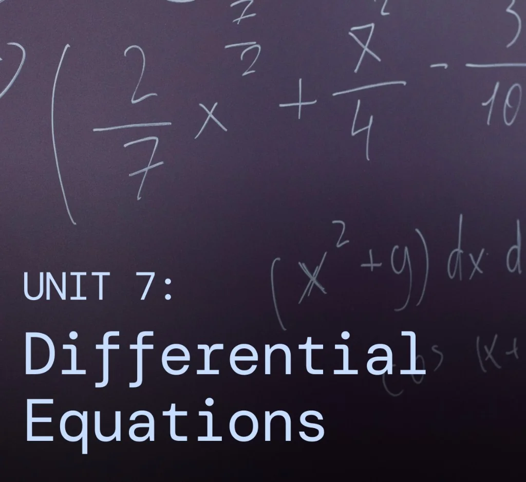 AP Calculus BC study graphic for Unit 7: Differential Equations on a chalkboard-style background