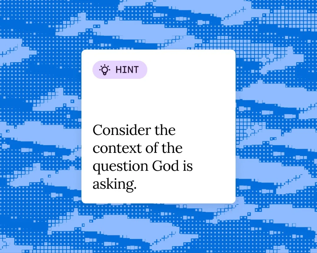 AI tutor hint card prompting the student to consider the context of the question God is asking