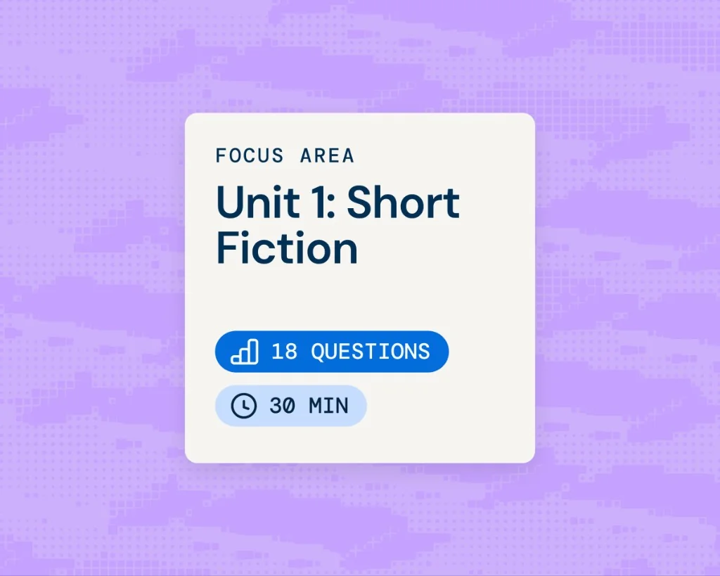 Focus area card for Unit 1: Short Fiction with question count and study time on Acely