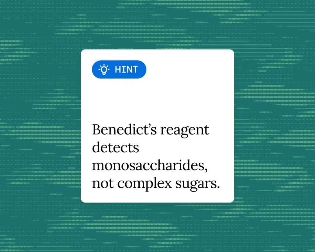 AI tutor hint card about Benedict's reagent detecting monosaccharides versus complex sugars