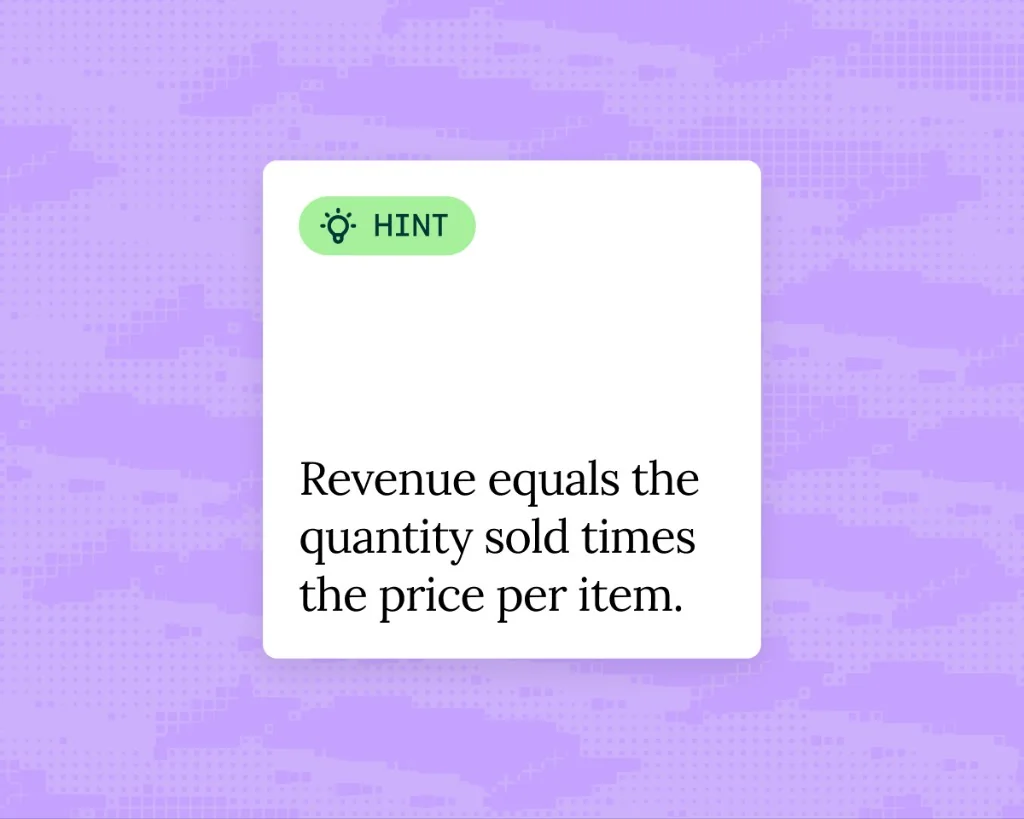 AI tutor hint card explaining that revenue equals quantity sold times price per item