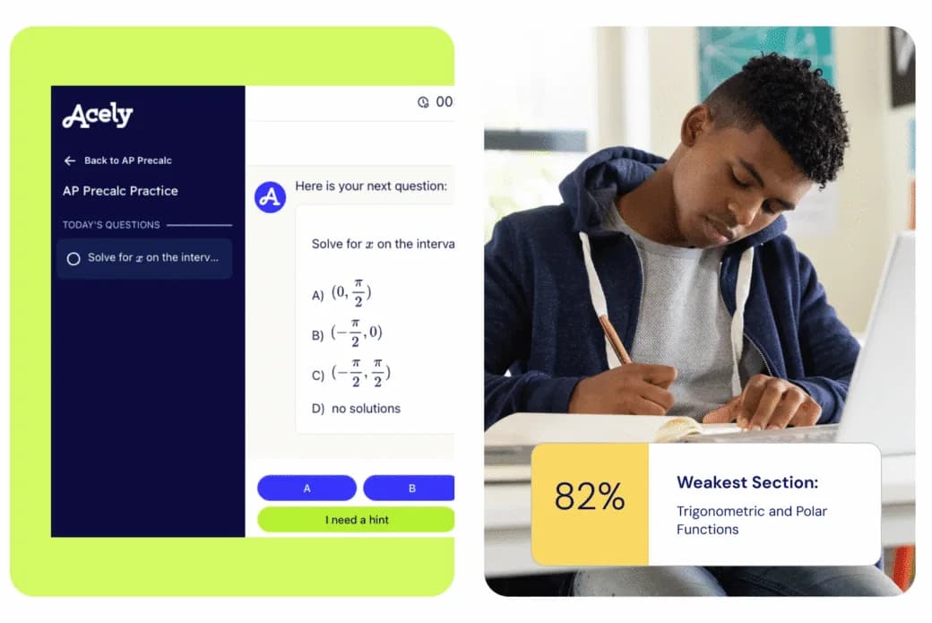 Acely AP Precalculus practice interface showing questions and score tracking