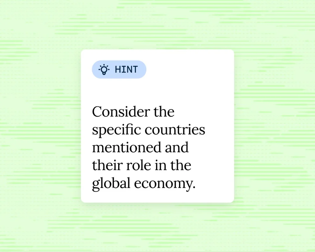 AI tutor hint card prompting the student to consider countries mentioned and their roles in the global economy