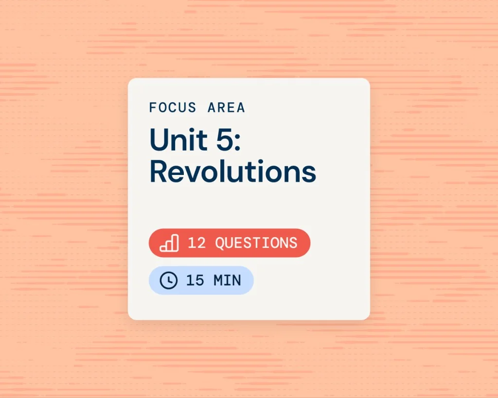 Focus area card for Unit 5: Revolutions with question count and study time on Acely