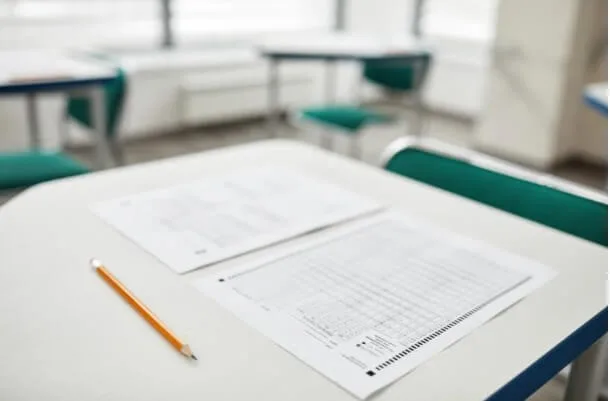 Blurred classroom with desks and chairs