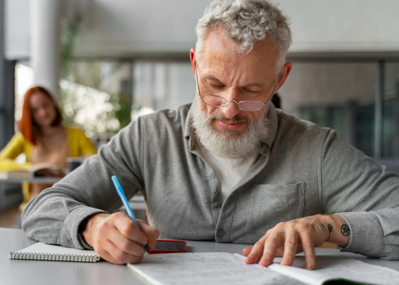 Old man taking the SAT.