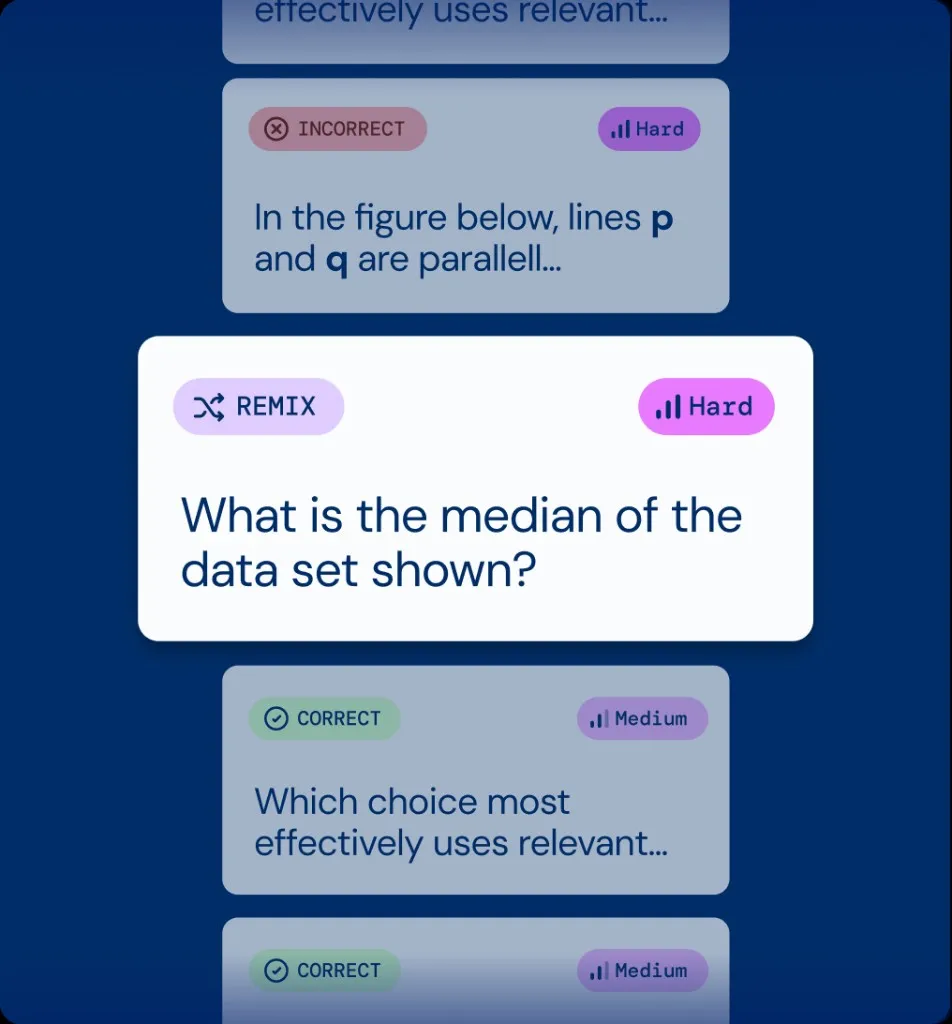 Acely app showing practice questions with difficulty levels and remix options