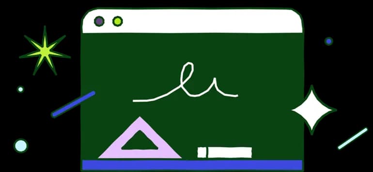 Illustration of Desmos graphing calculator interface with chalkboard-style math tools and shapes