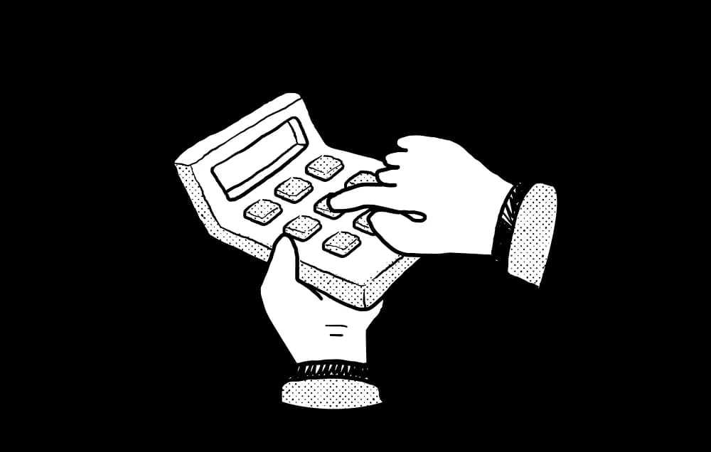 Illustration of hands using a calculator with math notes