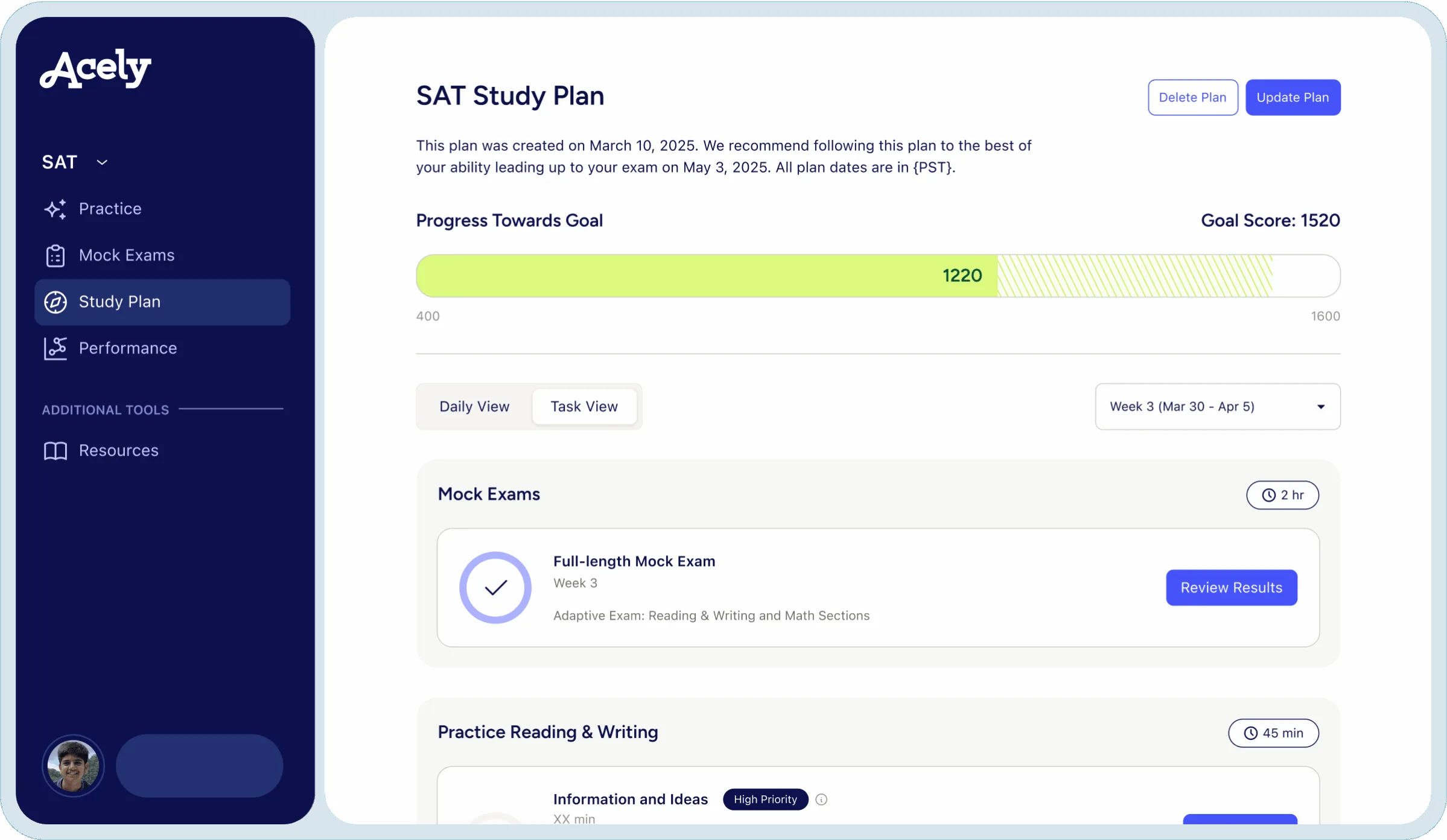 Acely SAT Study Plan dashboard showing progress, mock exams, and practice sections