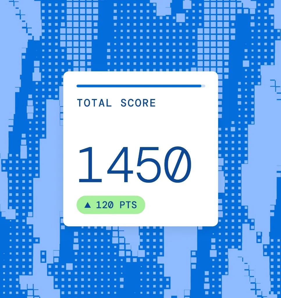 SAT total score graphic showing 1450 with a 120 point improvement badge on a blue pixel-pattern background