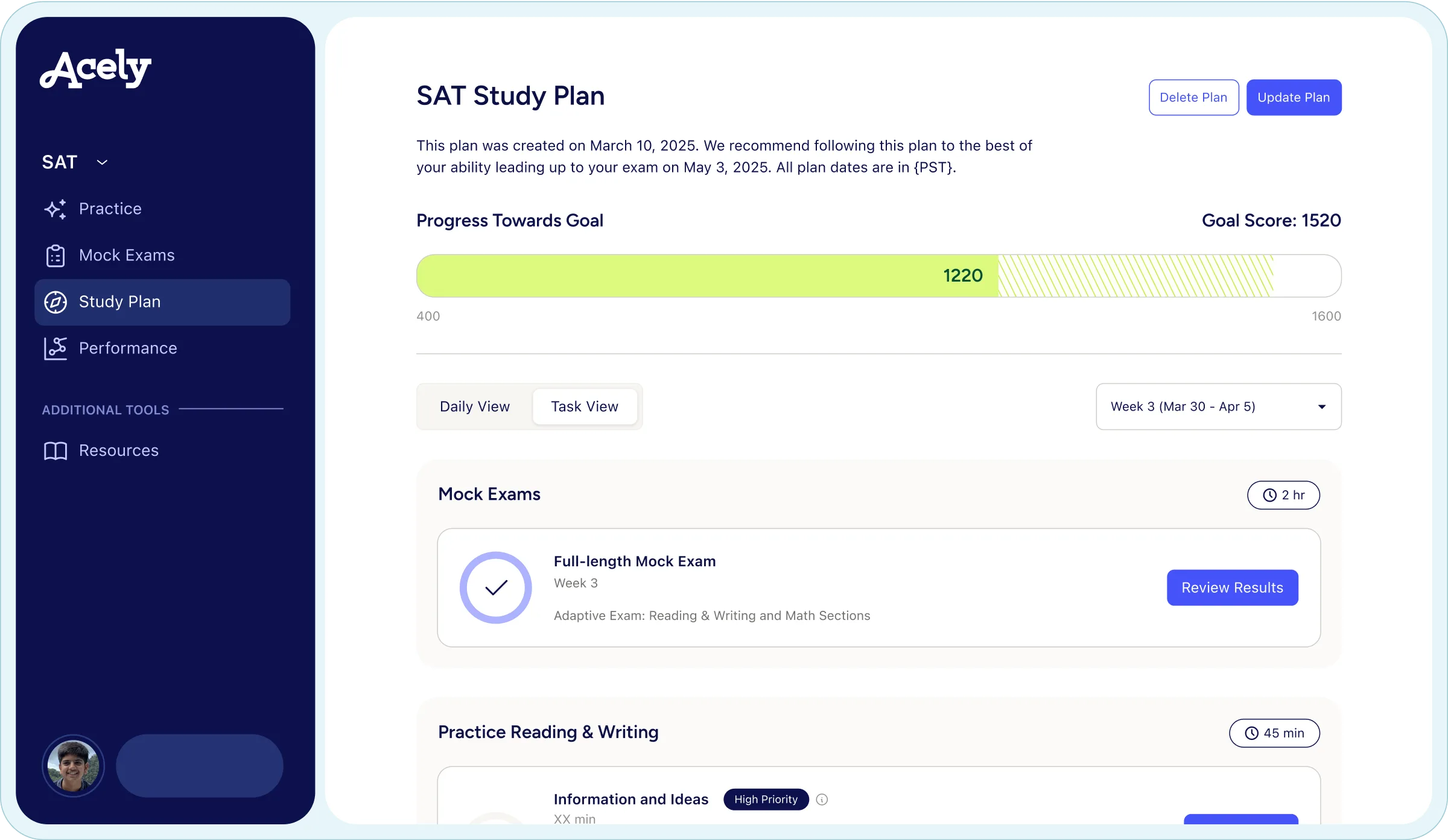 Acely study plan interface showing personalized test prep progress and section breakdown