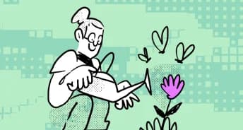 Illustration of a person watering a purple flower with butterflies on a mint green background
