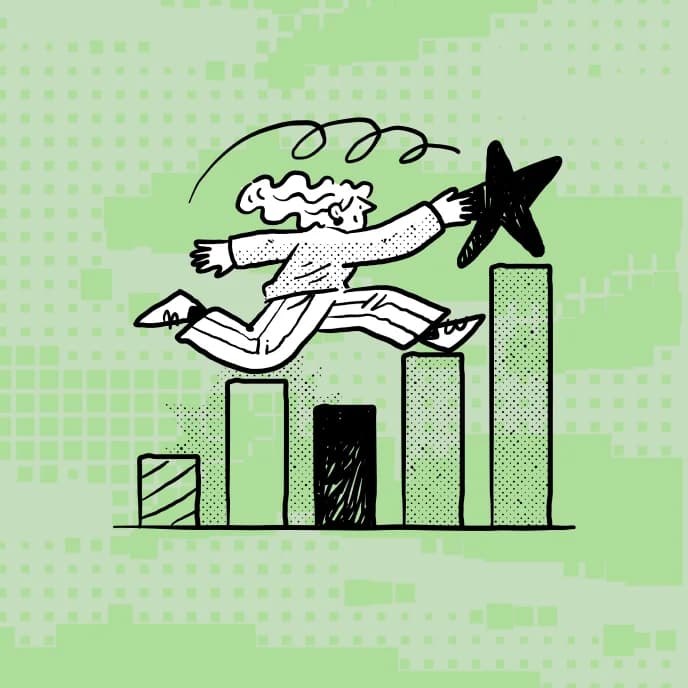 Illustration of a person leaping over rising bar charts reaching for a star — SAT & ACT score fluctuation guide