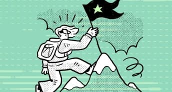 Illustration of a hiker planting a flag with a star on a mountain peak on a light green background