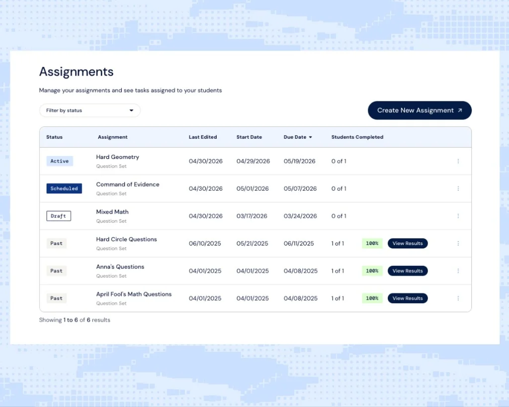 Assignments dashboard listing SAT and ACT question sets with status, dates, and student completion