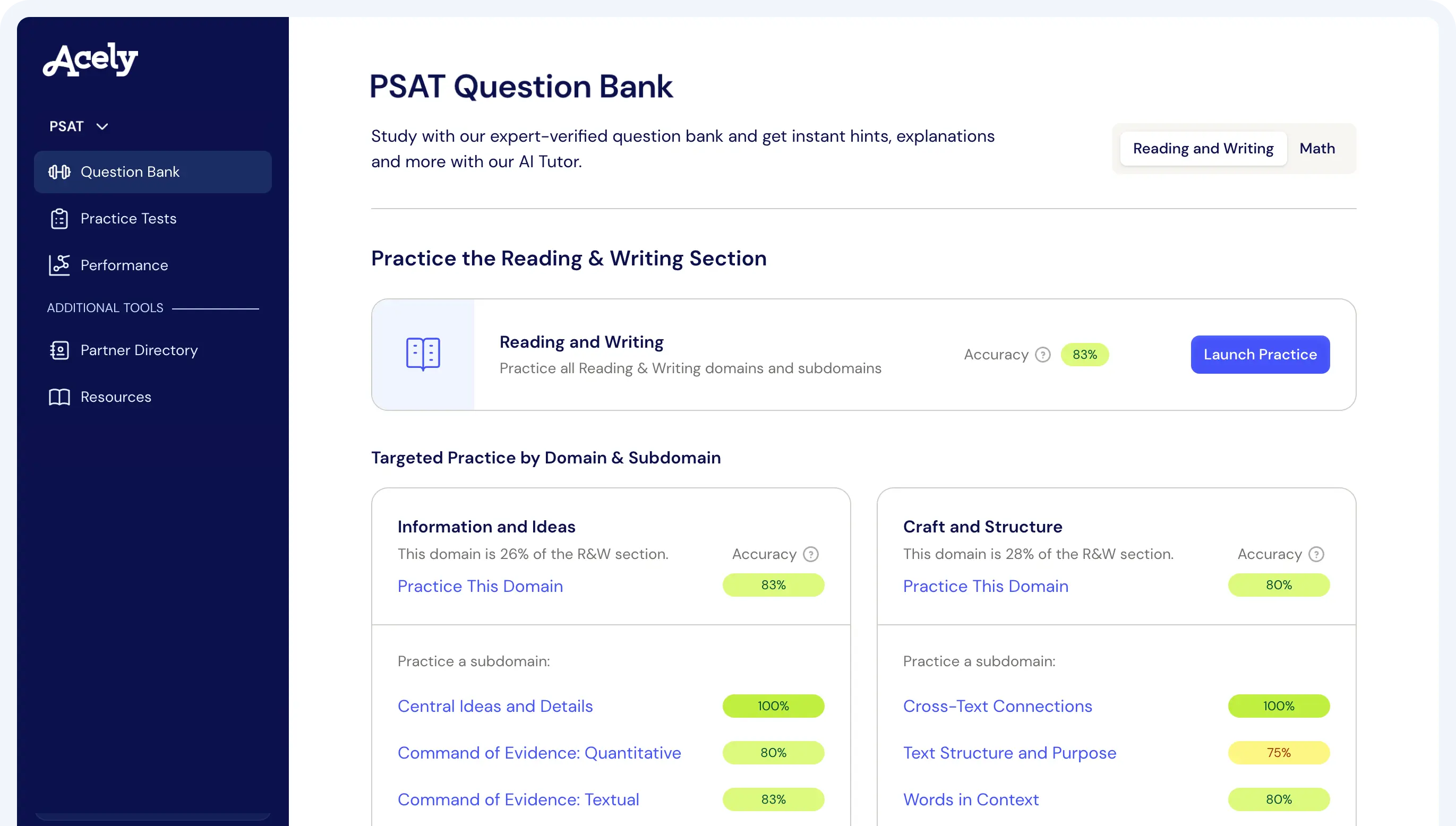 Acely PSAT Practice dashboard with sidebar navigation, Reading and Writing section, and targeted practice by domain