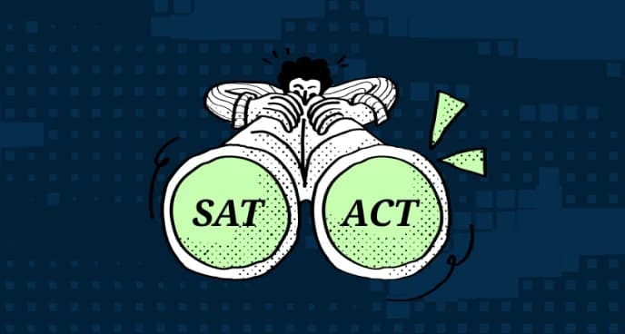 Illustration of a student looking through binoculars labeled SAT and ACT