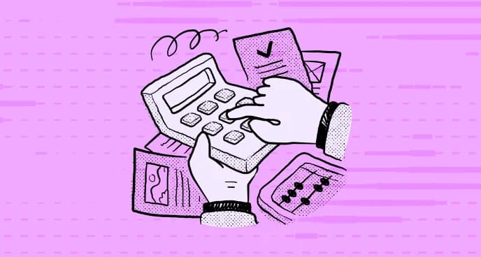 Illustration of hands using a calculator with math notes and an abacus