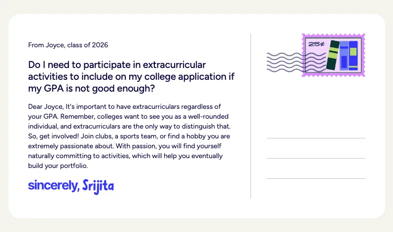 Sincerely Srijita postcard with Q&A from Joyce, class of 2026