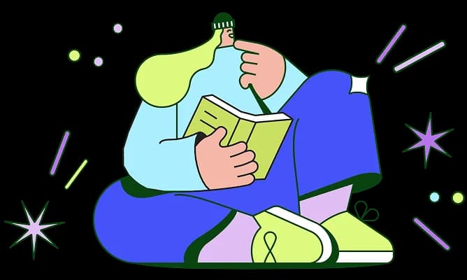 Person reading a book, surrounded by stars and decorative elements
