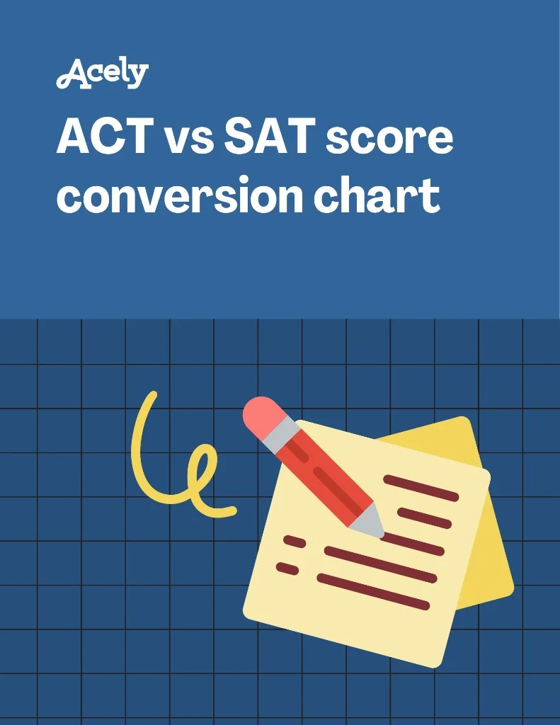 Acely ACT vs SAT score conversion chart graphic with an illustration of a pencil writing on a notepad