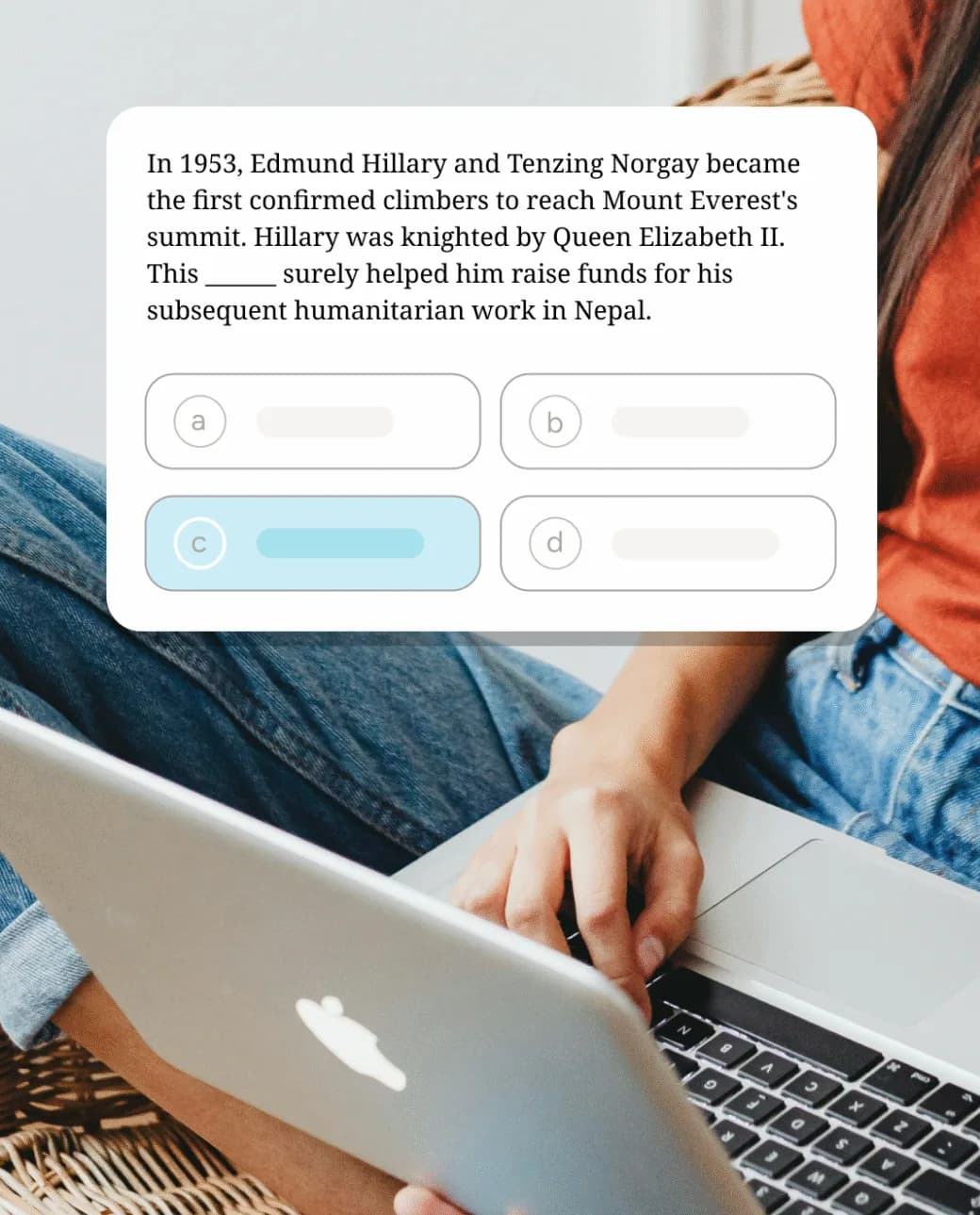 SAT practice question on laptop with multiple-choice options