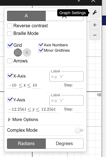 Desmos interface on digital SAT math section: Graph Settings panel for grid and axis options.