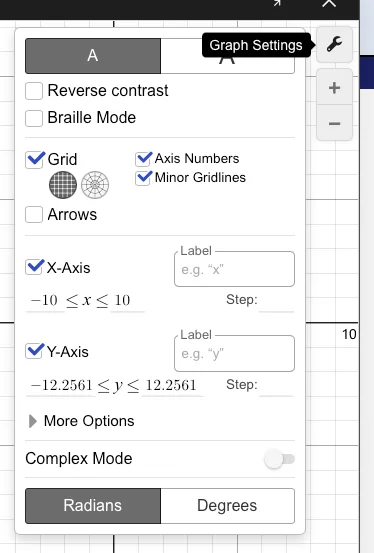 Desmos interface on digital SAT math section: Graph Settings panel for grid and axis options.