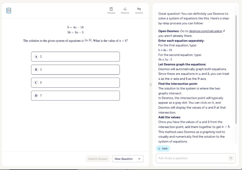 Desmos interface on digital SAT math section: Acely practice question showing a system of equations (b = 4a - 18, 5b = 3a - 5) with step-by-step Desmos solution for finding the intersection point.