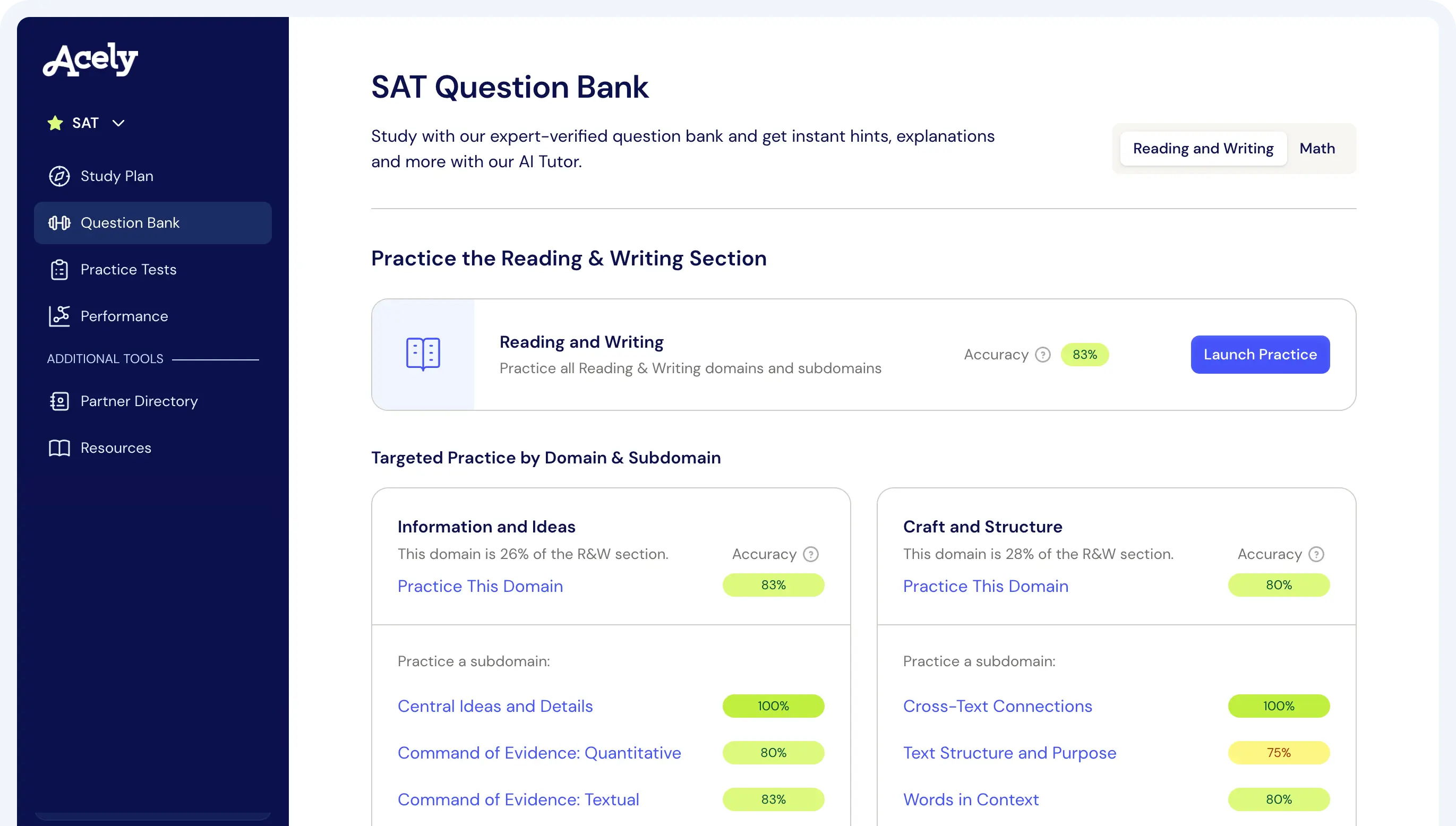 Acely SAT Practice page with sidebar navigation, Reading and Writing section, and targeted practice by domain