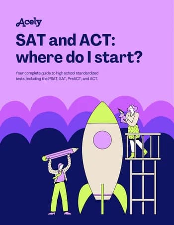 Illustration of students preparing for launch next to a rocket: SAT and ACT where to start