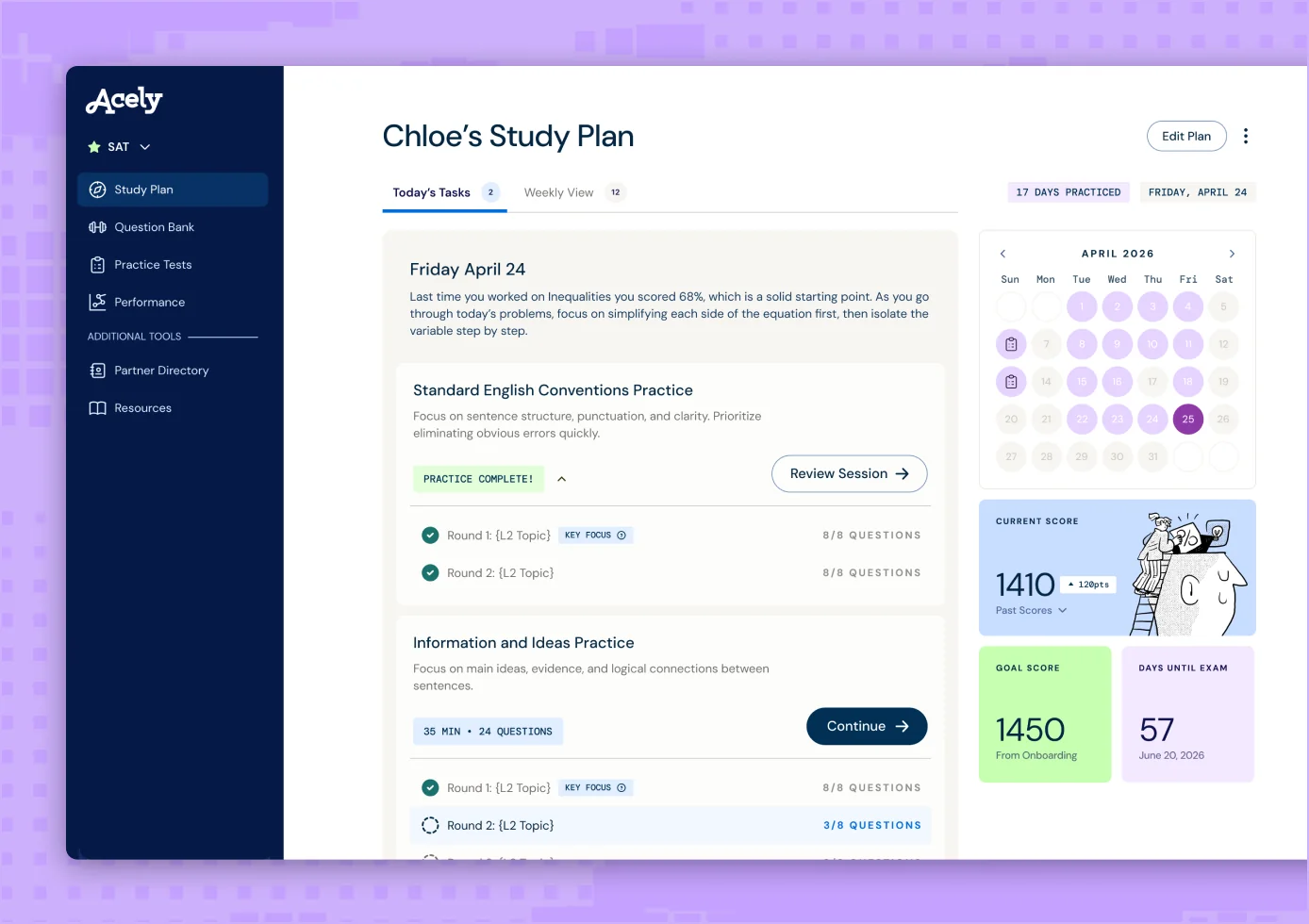 Acely SAT study plan interface with scheduled lessons and practice