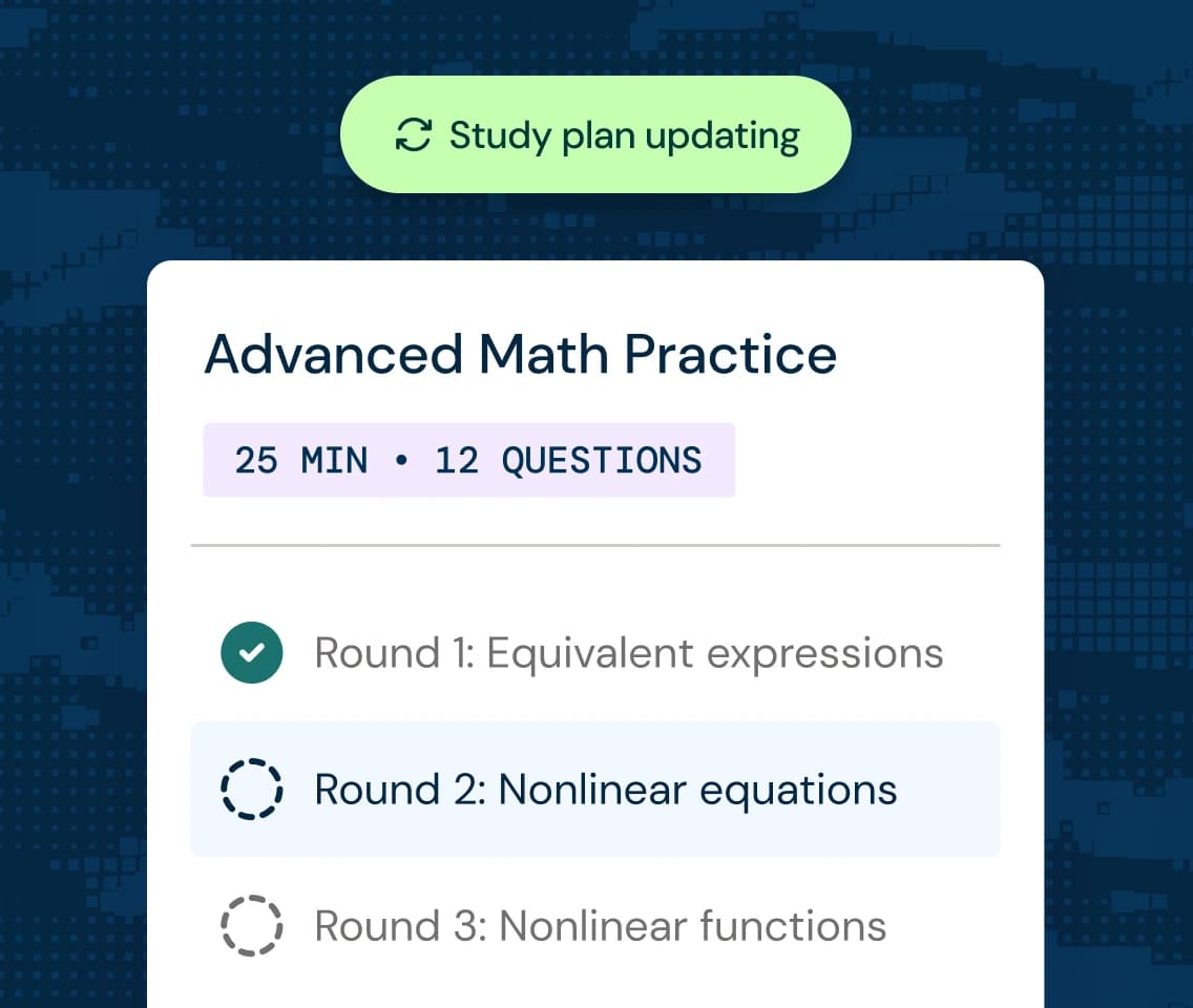 Study plan updating: Advanced Math Practice card with timed rounds for equivalent expressions, nonlinear equations, and nonlinear functions