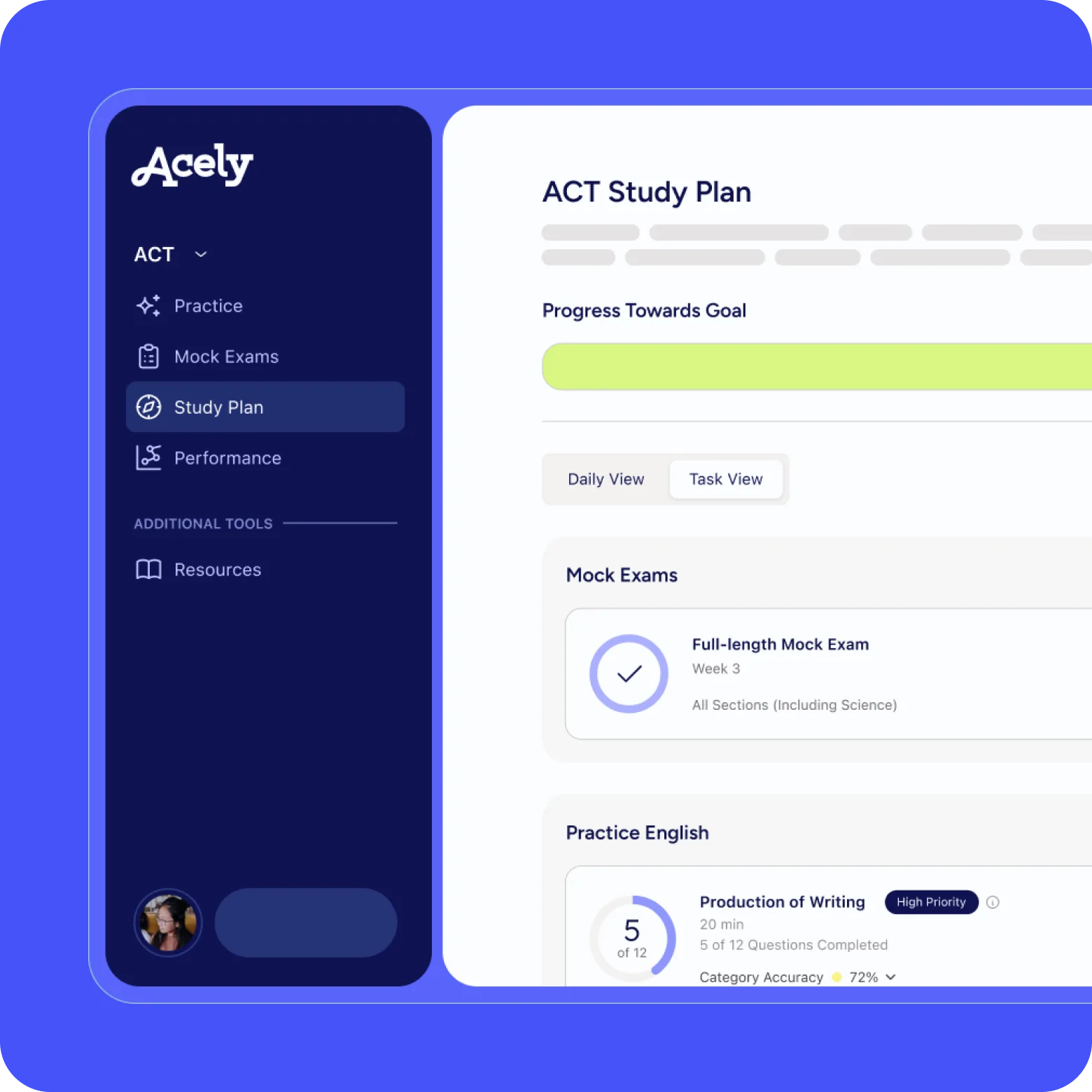 Acely ACT Study Plan dashboard