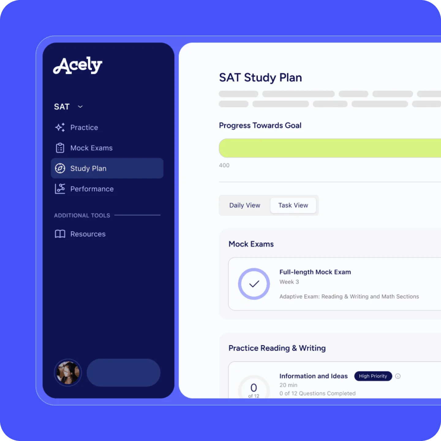 Acely SAT Study Plan interface