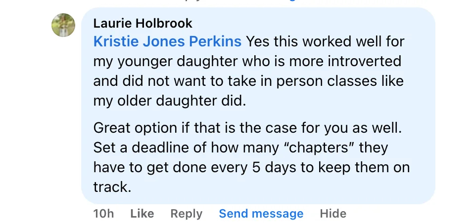 Facebook comment from Laurie Holbrook recommending Acely for introverted students