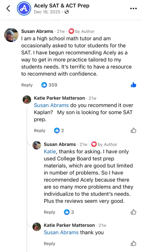 Facebook thread where SAT tutor Susan Abrams recommends Acely to parents