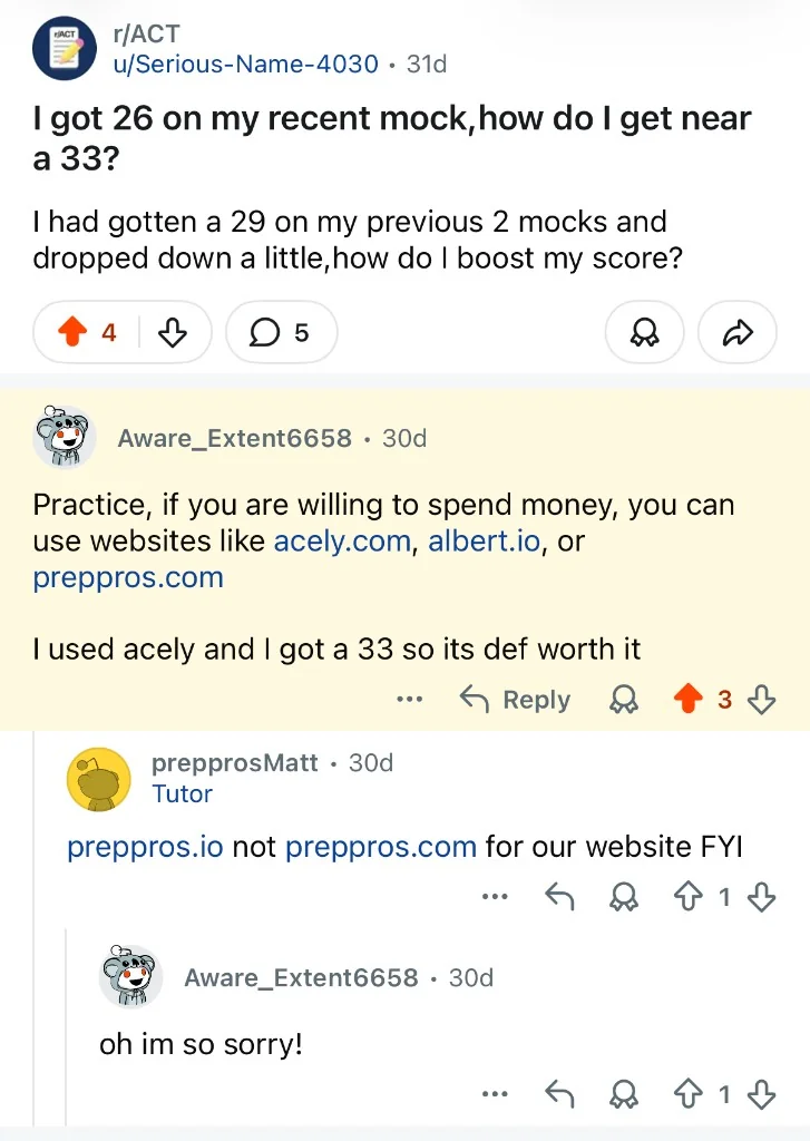 Reddit thread on r/ACT where u/Aware_Extent6658 used Acely and scored a 33