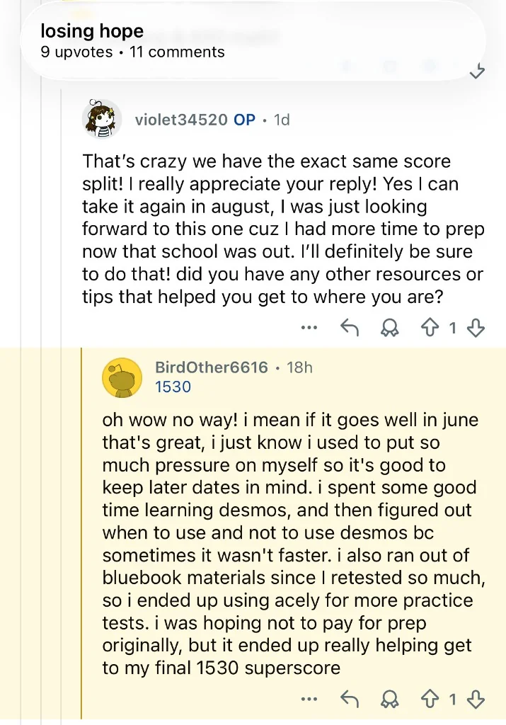 Reddit thread where u/BirdOther6616 recommends Acely for practice tests and a 1530 superscore