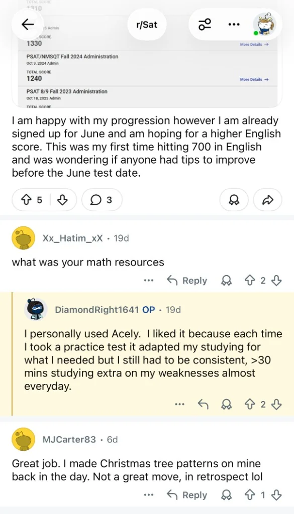 Reddit thread on r/SAT where u/DiamondRight1641 describes adaptive study with Acely