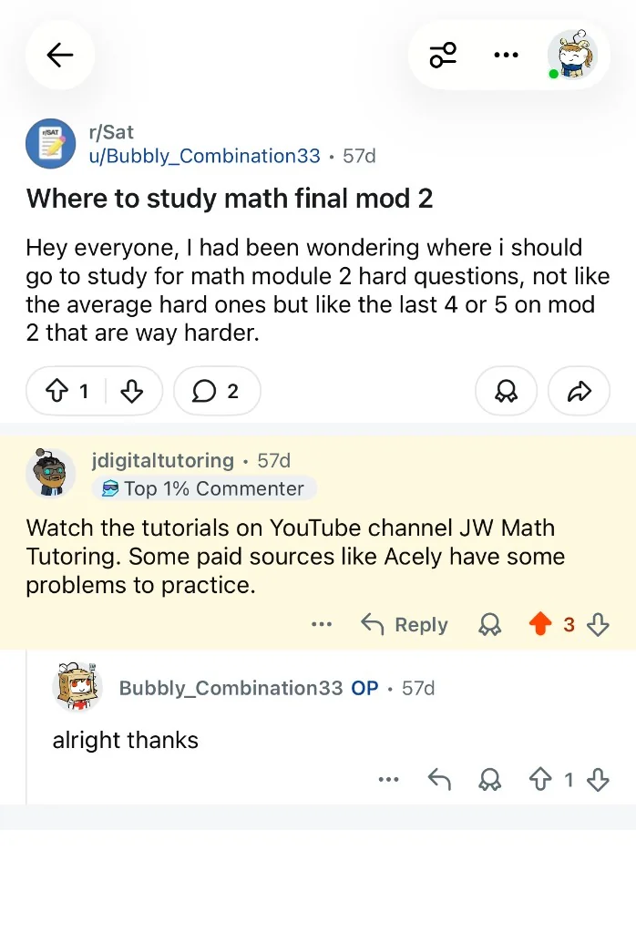 Reddit thread on r/SAT where jdigitaltutoring recommends Acely for hard math module 2 practice