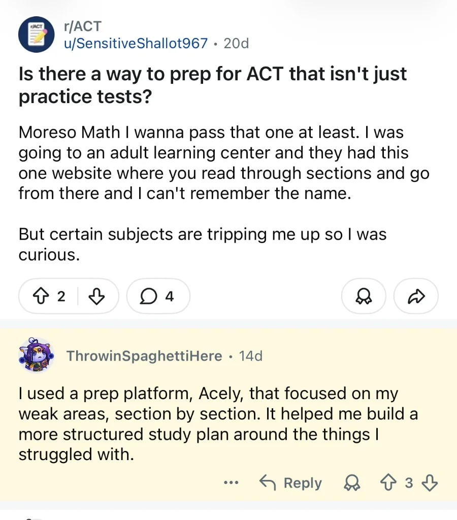 Reddit thread on r/ACT where u/ThrowinSpaghettiHere used Acely section by section